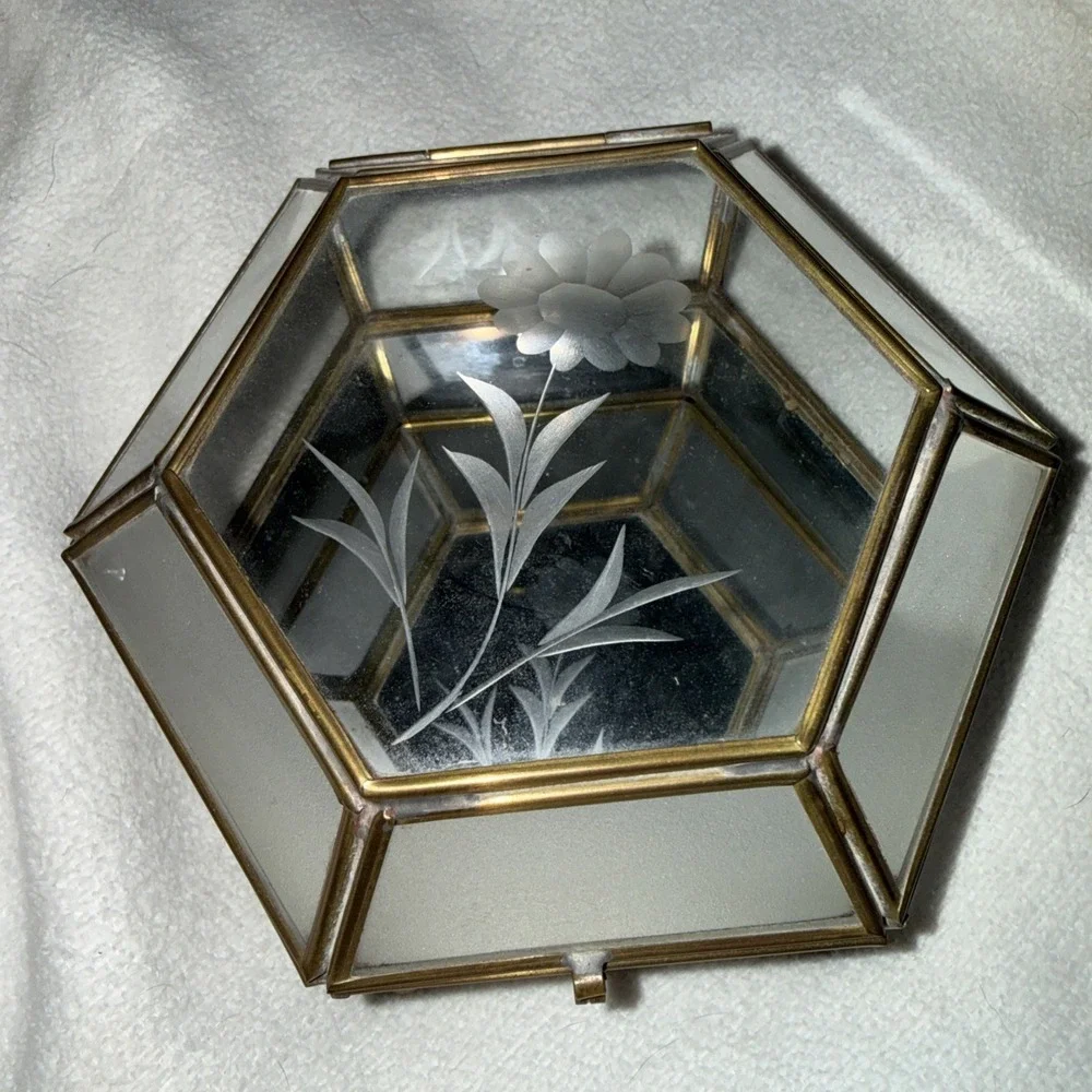 Beveled Glass Trinket Jewelry Box Vintage 80s 90s Regency Glam Antiqued Brass